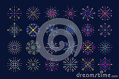 Line firework icons. Outline colorful flat celebration pyrotechnics pictograms. Vector set Vector Illustration