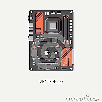 Line flat color vector computer part icon motherboard. Cartoon. Digital gaming and business office pc desktop device Vector Illustration