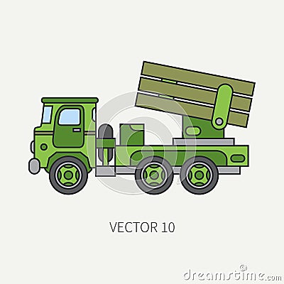 Line flat color vector icon armored reactive systems of salvo army truck. Military vehicle. Cartoon vintage style Vector Illustration