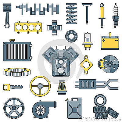 Line flat color vector icon car parts set with undercarriage end internal combustion engine elements. Industrial Vector Illustration