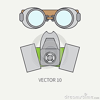 Line flat color vector icon of drawing instruments for aerography - respirator, goggles. Cartoon style. Drawing Vector Illustration