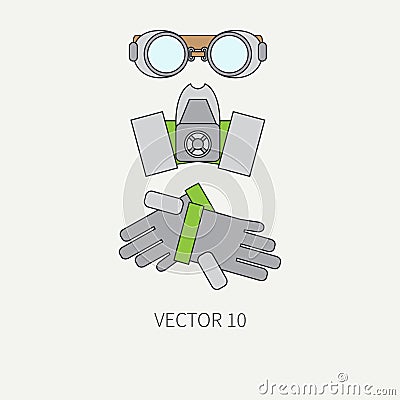 Line flat color vector icon of drawing instruments for aerography - respirator, goggles, gloves. Cartoon style. Airbrush Vector Illustration