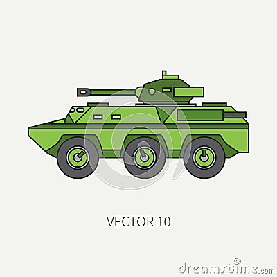 Line flat color vector icon infantry assault armored army truck. Military vehicle. Cartoon vintage style. Soldiers. Tank Vector Illustration
