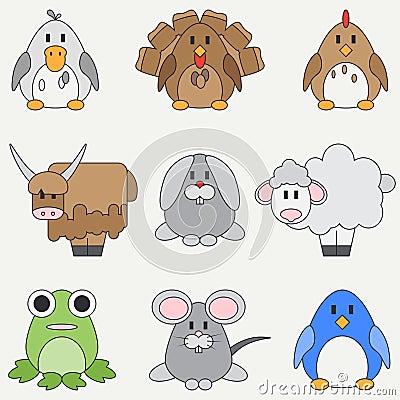 Line flat color vector icon set with cute animals for baby products. Cartoon style. Childrens doodle. Babyhood. Newborn Vector Illustration