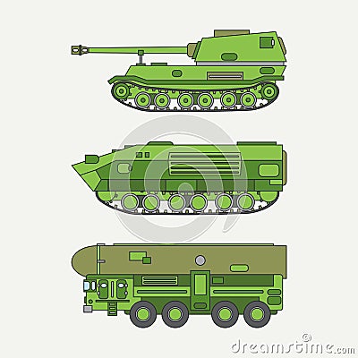 Line flat color vector icon set infantry assault army tank. Military vehicle. Cartoon vintage style. Soldiers. Armored Vector Illustration
