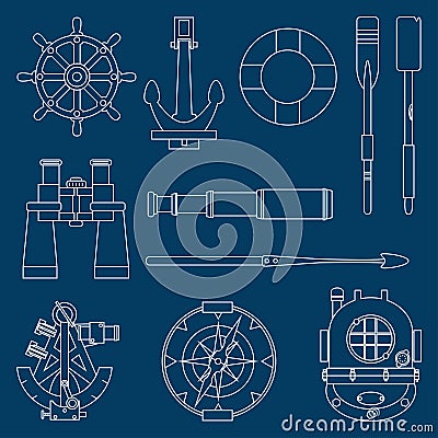 Line flat marine icons set. Nautical design elements anchor, wheel, lifebuoy, compass, harpoon, paddle, diving helmet Vector Illustration