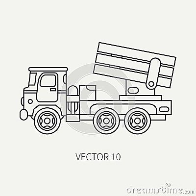 Line flat plain vector icon armored reactive systems of salvo army truck. Military vehicle. Cartoon vintage style Vector Illustration