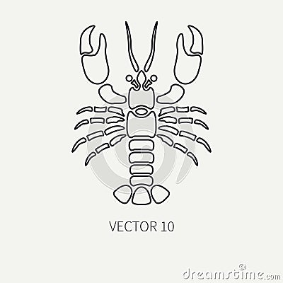 Line flat plain vector ocean fauna icon - lobster. Simplified retro. Cartoon style. Cancer. Omar. Seafood delicacy Vector Illustration