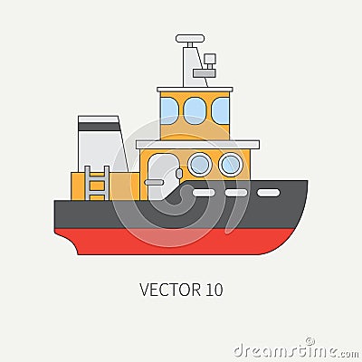 Line flat vector color icon commercial tugboat. Merchant fleet. Cartoon vintage style. Ocean. Sea. Barge. Tow. Vector Illustration