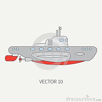 Line flat vector color icon naval submarine. Dreadnought warship. Cartoon vintage style. War. Navy. Ocean. Sea. Torpedo Vector Illustration