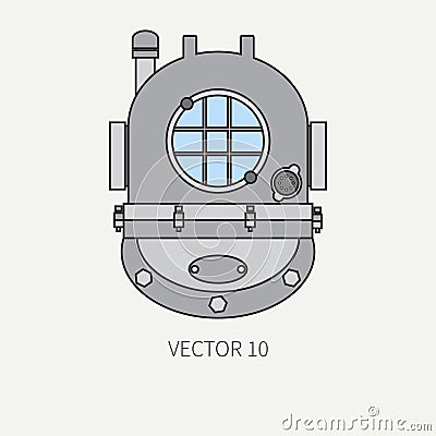 Line flat vector color marine icon with nautical design elements - diving helmet. Cartoon style. Illustration and Vector Illustration