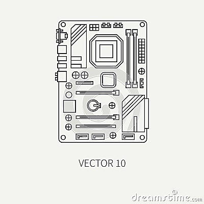 Line flat vector computer part icon motherboard. Cartoon style. Digital gaming and business office pc desktop device Vector Illustration