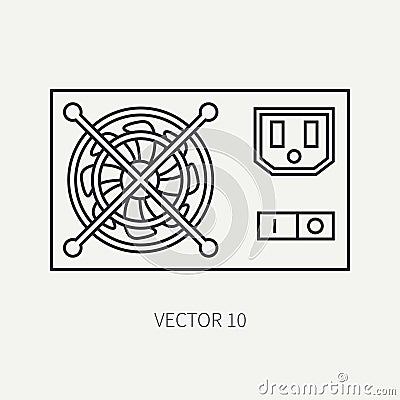 Line flat vector computer part icon power supply. Cartoon style. Digital gaming and business office pc desktop device Vector Illustration