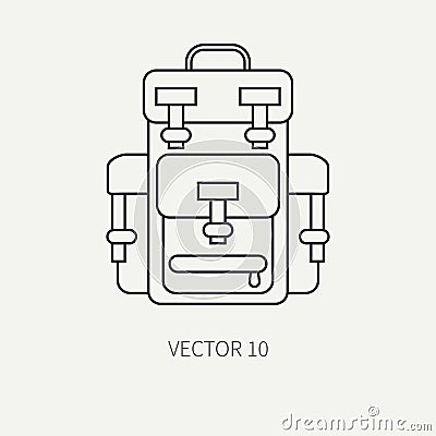 Line flat vector hunt and camping icon - backpack. Hunter equipment, armament. Retro cartoon style. Wildlife travel Vector Illustration