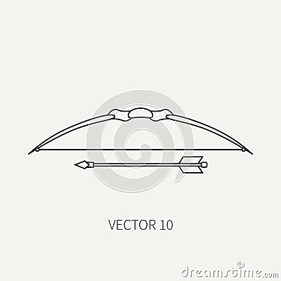 Line flat vector hunt and camping icon bow, arrow. Hunter equipment, armament. Retro cartoon style. Wildlife travel Vector Illustration