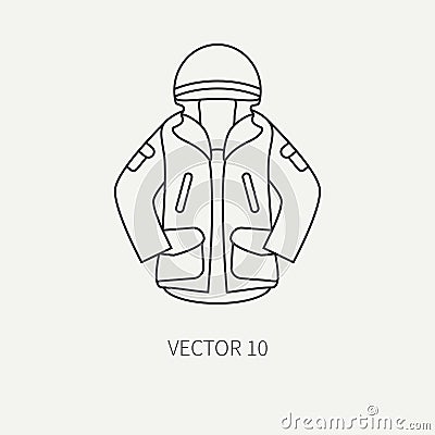 Line flat vector hunt and camping icon khaki jacket. Hunter equipment, armament. Retro cartoon style. Wildlife travel Vector Illustration