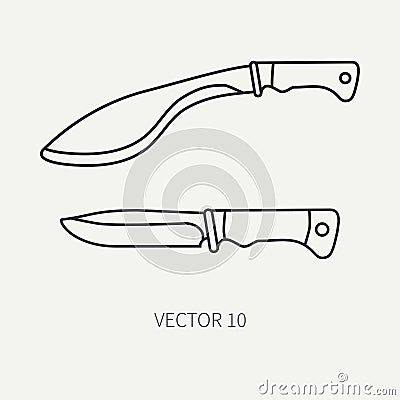 Line flat vector hunt and camping icon machete, knife set. Hunter equipment, armament. Retro cartoon style. Wildlife Vector Illustration