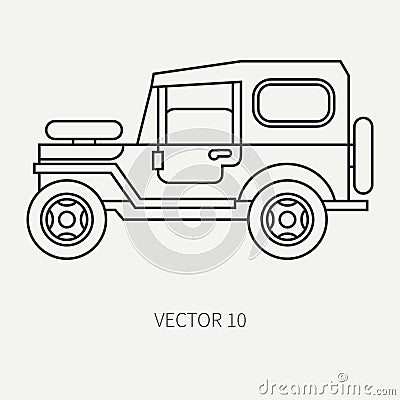 Line flat vector hunt and camping icon off-road car. Hunter equipment. Retro cartoon style. Wildlife travel. Camouflage Vector Illustration