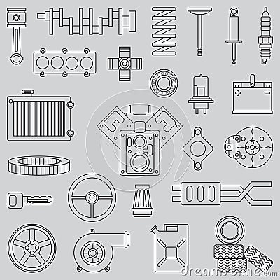 Line flat vector icon car parts set with undercarriage end internal combustion engine elements. Industrial. Cartoon Vector Illustration