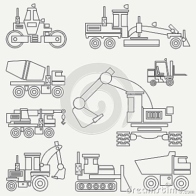 Line flat vector icon construction machinery set with bulldozer, crane, truck, excavator, forklift, cement mixer Vector Illustration
