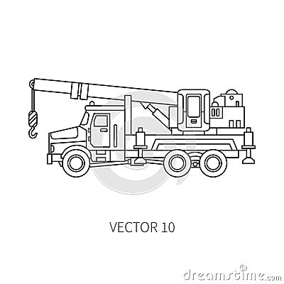 Line flat vector icon construction machinery truck auto crane. Industrial style. Corporate cargo delivery. Lift Vector Illustration