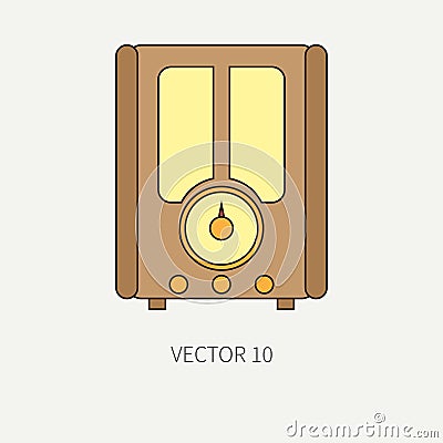 Line flat vector icon with retro electrical audio device - radio. Analog broadcast. Music. Cartoon style. Nostalgia Vector Illustration