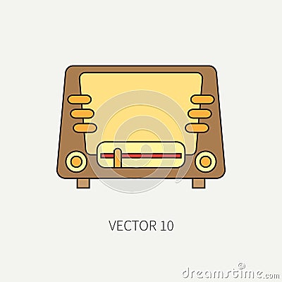 Line flat vector icon with retro electrical audio device - radio. Analog broadcast. Music. Cartoon style. Nostalgia Vector Illustration