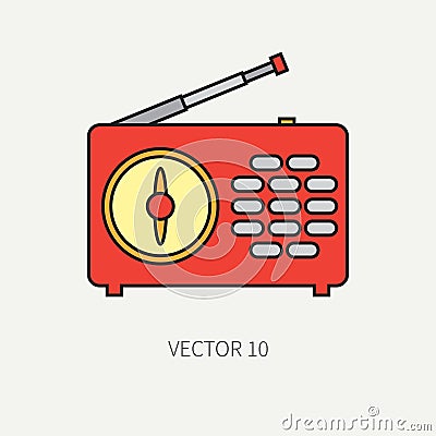 Line flat vector icon with retro electrical audio device - radio. Analog broadcast. Music. Cartoon style. Nostalgia Vector Illustration