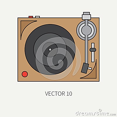 Line flat vector icon with retro electrical audio device vinyl record-player. Analog music. Cartoon style. Nostalgia Vector Illustration