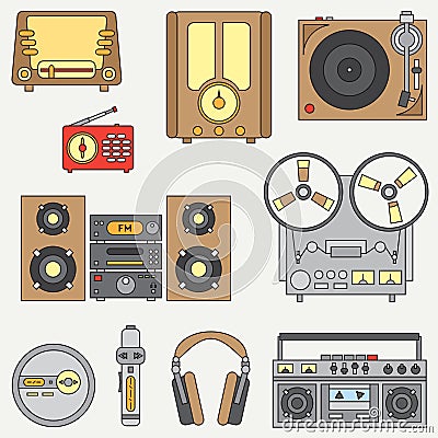 Line flat vector icon set with retro electrical audio devices. Analog broadcast. Music fan. Cartoon style. Nostalgia Vector Illustration