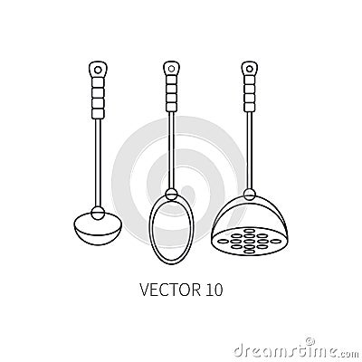 Line flat vector kitchenware icons - spoon, scoop, pestle. Cutlery tools. Cartoon style. Illustration and element for Vector Illustration