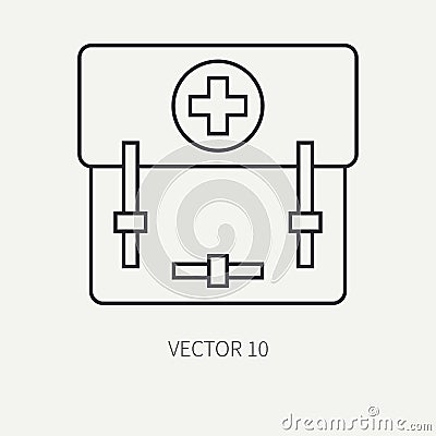 Line flat vector military icon - first aid kit. Army equipment and weapons. Cartoon style. Army. Assault. Soldiers Vector Illustration