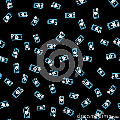 Line Flight mode in the mobile phone icon isolated seamless pattern on black background. Airplane or aeroplane flight Vector Illustration