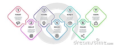 Line flow infographic. 7 steps square timeline milestone graphic, presentation banner concept. Vector 7 options workflow Vector Illustration