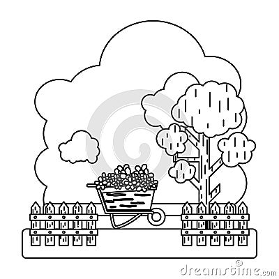 Line flowers inside wheelbarrow with trees and grillage farm Vector Illustration