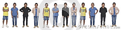 Line of a front view of a group of a same teen various outfits on white Stock Photo