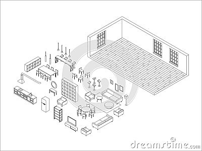 Line furniture set in isometric view Vector Illustration