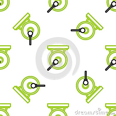 Line Gong musical percussion instrument circular metal disc and hammer icon isolated seamless pattern on white Vector Illustration