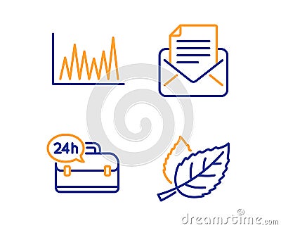 Line graph, 24h service and Mail correspondence icons set. Leaf sign. Vector Vector Illustration