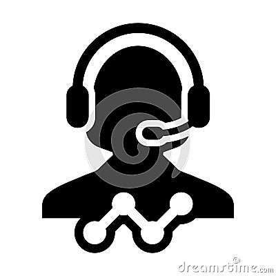 Line graph icon vector female data support customer service person profile avatar with headphone and chart for online assistant Vector Illustration