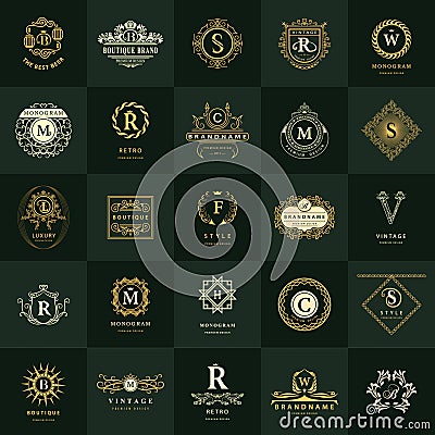 Line graphics monogram. Vintage Logos Design Templates Set. Business sign Letter emblem. Vector Illustration