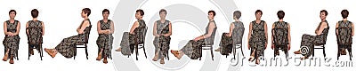 Line of Group of same middle aged women various poses sitting on chair Stock Photo