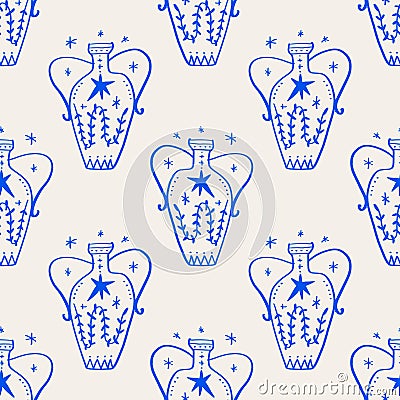 Line hand drawn ceramics ancient vintage vases abstract shapes seamless pattern in artistic boho artisan style Vector Illustration