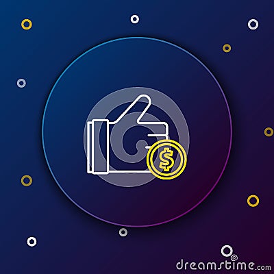 Line Hand holding coin icon isolated on blue background. Dollar or USD symbol. Cash Banking currency sign. Colorful Vector Illustration