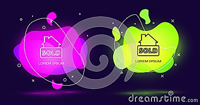 Line Hanging sign with text Sold icon isolated on black background. Sold sticker. Sold signboard. Abstract banner with Vector Illustration