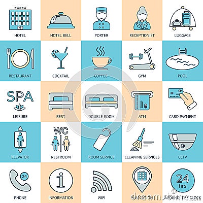 25 line hotel services icons. Color block. Logo, glyphs and pictogram collection. Vector Cartoon Illustration