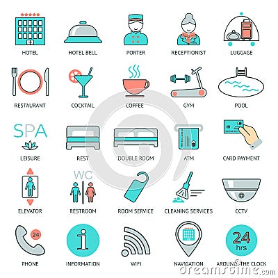 25 line hotel services icons. Logo, glyphs and pictogram collection. Vector Cartoon Illustration