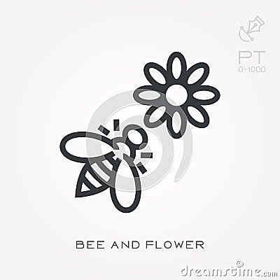 Line icon bee and flower Vector Illustration