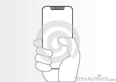 Line icon of frameless / bezel-free smart phone in hand Vector Illustration