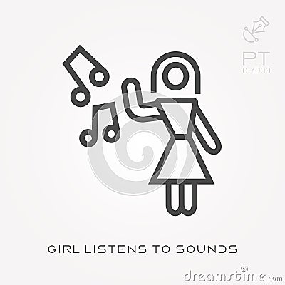 Line icon girl listens to sounds Vector Illustration